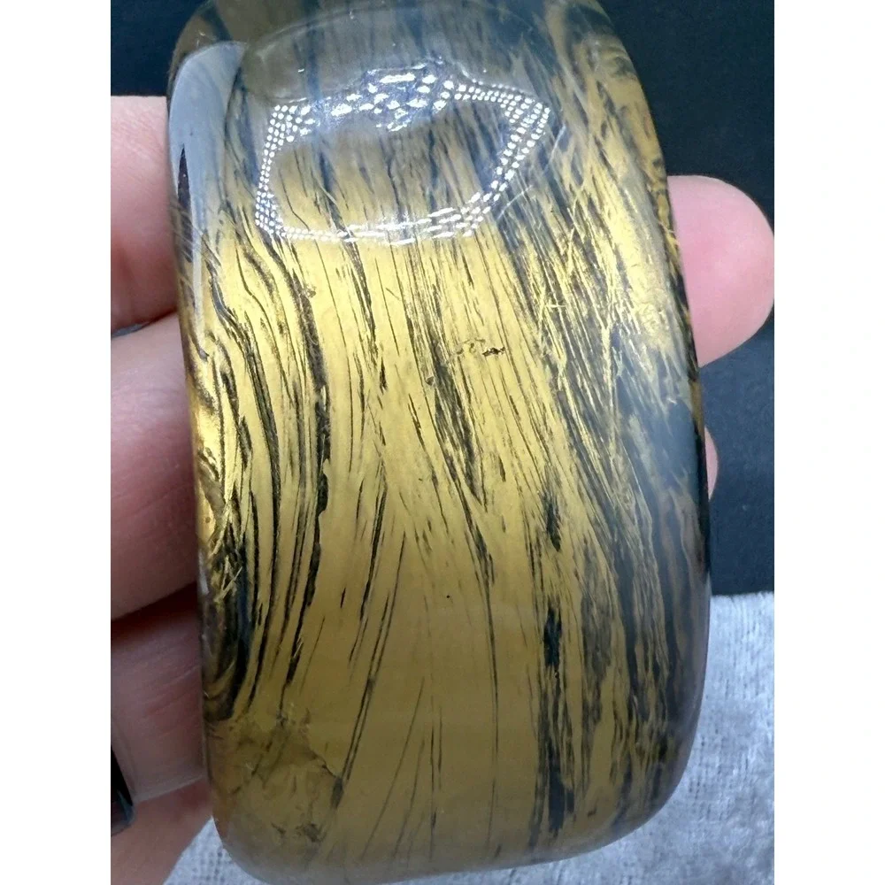 Vintage Acrylic‎ Bangle Chunky Gold Tone Black Swirl 8.5